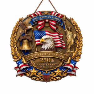 Personalized Family Name USA 250th Anniversary Wood Wreath, 1776-2026 Patriotic Door Hanger, Custom Semiquincentennial Independence Day Celebration Decor