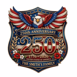 Personalized Family Name USA 250th Anniversary Eagle Shield, 1776-2026 Patriotic Wood Crest, Custom Semiquincentennial Independence Day Decor