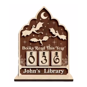 Personalized Reading Counter – Interchangeable Flip Numbers Wooden Books Read This Year Tracker with Bats & Moon Design