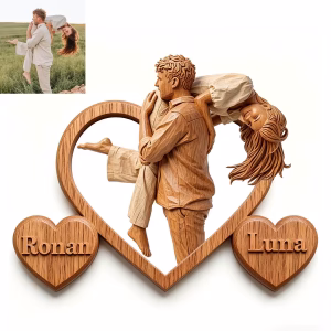 Custom Couple Portrait Wooden Heart Plaque - Personalized Photo & Names Wooden Desk Decor