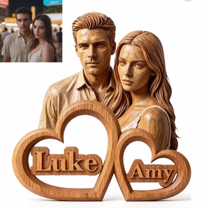Personalized Wooden Couple Selfie Heart Plaque - Custom Photo & Names on Double Heart Base